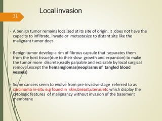 Local invasion
• A benign tumor remains localized at its site of origin, it does not have the
capacity to infiltrate, invade or metastasize to distant site like the
malignant tumor does
• Benign tumor develop a rim of fibrous capsule that separates them
from the host tissue(due to their slow growth and expansion) to make
the tumor more discrete,easily palpable and excisable by local surgical
removal,except the hemamgiomas(neoplasms of tangled blood
vessels)
• Some cancers seem to evolve from pre-invasive stage referred to as
carcinoma in-situ e.g found in skin,breast,uterus etc which display the
cytologic features of malignancy without invasion of the basement
membrane
31
 