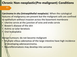 65
Chronic Non-neoplastic(Pre-malignant) Conditions
Carcinoma in situ (intraepithelial neoplasia): When the cytological
features of malignancy are present but the malignant cells are confined
to epithelium without invasion across the basement membrane
• Uterine cervix at the junction of ecto and endo cervix
• Bowen’s disease of the skin
• Actinic or solar keratosis
• Oral leukoplakia
Benign tumours: do not become malignant
• Multiple villous adenomas of the large intestine have high incidence
of developing adenocarcinoma.
• Neurofibromatosis may develop into sarcoma
 