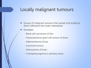 Locally malignant tumours
 Groups of malignant tumours that spread only locally by
direct infiltration but rarely metastasize
 Examples:
- Basal cell carcinoma of skin
- Osteoclastoma/ giant cell tumour of bone
- Adamantinoma of jaw
- Carcinoid tumour
- Astrocytoma of brain
- Craniopharyngioma in pituitary fossa
 