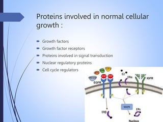 Proteins involved in normal cellular
growth :
 Growth factors
 Growth factor receptors
 Proteins involved in signal transduction
 Nuclear regulatory proteins
 Cell cycle regulators
 
