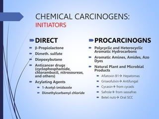 CHEMICAL CARCINOGENS:
INITIATORS
DIRECT
 β-Propiolactone
 Dimeth. sulfate
 Diepoxybutane
 Anticancer drugs
(cyclophosphamide,
chlorambucil, nitrosoureas,
and others)
 Acylating Agents
 1-Acetyl-imidazole
 Dimethylcarbamyl chloride
PROCARCINOGNS
 Polycyclic and Heterocyclic
Aromatic Hydrocarbons
 Aromatic Amines, Amides, Azo
Dyes
 Natural Plant and Microbial
Products
 Aflatoxin B1 Hepatomas
 Griseofulvin Antifungal
 Cycasin from cycads
 Safrole from sassafras
 Betel nuts Oral SCC
 