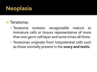  Teratoma:
 Teratoma contains recognizable mature or
immature cells or tissues representative of more
than one germ-cell layer and some times all three.
 Teratomas originate from totipotential cells such
as those normally present in the ovary and testis.
 
