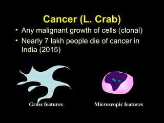 Cancer (L. Crab)
• Any malignant growth of cells (clonal)
• Nearly 7 lakh people die of cancer in
India (2015)
Gross features Microscopic featuresGross features Microscopic features
 