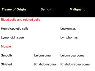 Tissue of Origin Benign Malignant
Blood cells and related cells
Hematopoietic cells Leukemias
Lymphoid tissue Lymphomas
Muscle
Smooth Leiomyoma Leiomyosarcoma
Striated Rhabdomyoma Rhabdomyosarcoma
 