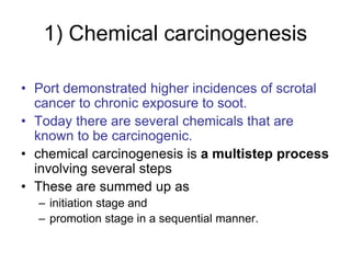 1) Chemical carcinogenesis
• Port demonstrated higher incidences of scrotal
cancer to chronic exposure to soot.
• Today there are several chemicals that are
known to be carcinogenic.
• chemical carcinogenesis is a multistep process
involving several steps
• These are summed up as
– initiation stage and
– promotion stage in a sequential manner.
 