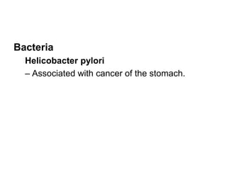 Bacteria
Helicobacter pylori
– Associated with cancer of the stomach.
 