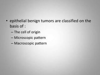 • epithelial benign tumors are classified on the
basis of :
– The cell of origin
– Microscopic pattern
– Macroscopic pattern
 