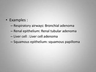 • Examples :
– Respiratory airways: Bronchial adenoma
– Renal epithelium: Renal tubular adenoma
– Liver cell : Liver cell adenoma
– Squamous epithelium: squamous papilloma
 