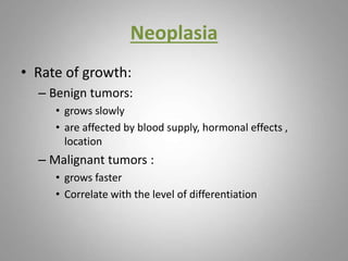 Neoplasia
• Rate of growth:
– Benign tumors:
• grows slowly
• are affected by blood supply, hormonal effects ,
location
– Malignant tumors :
• grows faster
• Correlate with the level of differentiation
 