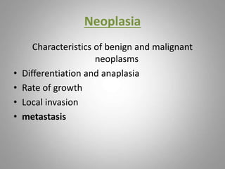 Neoplasia
Characteristics of benign and malignant
neoplasms
• Differentiation and anaplasia
• Rate of growth
• Local invasion
• metastasis
 
