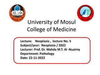University of Mosul
College of Medicine
Lecture: Neoplasia , lecture No. 5
Subject/year: Neoplasia / 2022
Lecturer: Prof. Dr. Wahda M.T. Al -Nuaimy
Department: Pathology.
Date: 22-11-2022
 