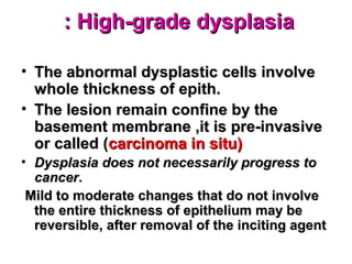 High-grade dysplasiaHigh-grade dysplasia::
• The abnormal dysplastic cells involveThe abnormal dysplastic cells involve
whole thickness of epith.whole thickness of epith.
• The lesion remain confine by theThe lesion remain confine by the
basement membrane ,it is pre-invasivebasement membrane ,it is pre-invasive
or called (or called (carcinoma in situ)carcinoma in situ)
• Dysplasia does not necessarily progress toDysplasia does not necessarily progress to
cancercancer..
Mild to moderate changes that do not involveMild to moderate changes that do not involve
the entire thickness of epithelium may bethe entire thickness of epithelium may be
reversible, after removal of the inciting agentreversible, after removal of the inciting agent
 