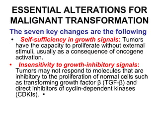 ESSENTIAL ALTERATIONS FOR
MALIGNANT TRANSFORMATION
The seven key changes are the following
• Self-sufficiency in growth signals: Tumors
have the capacity to proliferate without external
stimuli, usually as a consequence of oncogene
activation.
• Insensitivity to growth-inhibitory signals:
Tumors may not respond to molecules that are
inhibitory to the proliferation of normal cells such
as transforming growth factor β (TGF-β) and
direct inhibitors of cyclin-dependent kinases
(CDKIs). •
 