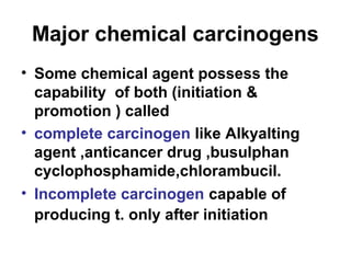 Major chemical carcinogens
• Some chemical agent possess the
capability of both (initiation &
promotion ) called
• complete carcinogen like Alkyalting
agent ,anticancer drug ,busulphan
cyclophosphamide,chlorambucil.
• Incomplete carcinogen capable of
producing t. only after initiation
 