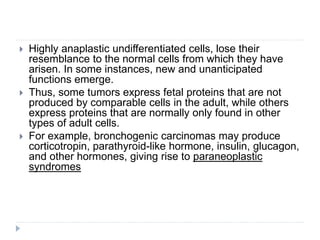  Highly anaplastic undifferentiated cells, lose their
resemblance to the normal cells from which they have
arisen. In some instances, new and unanticipated
functions emerge.
 Thus, some tumors express fetal proteins that are not
produced by comparable cells in the adult, while others
express proteins that are normally only found in other
types of adult cells.
 For example, bronchogenic carcinomas may produce
corticotropin, parathyroid-like hormone, insulin, glucagon,
and other hormones, giving rise to paraneoplastic
syndromes
 