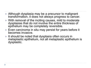  Although dysplasia may be a precursor to malignant
transformation, it does not always progress to cancer.
 With removal of the inciting causes, mild to moderate
dysplasias that do not involve the entire thickness of
epithelium may be completely reversible.
 Even carcinoma in situ may persist for years before it
becomes invasive.
 It should be noted that dysplasia often occurs in
metaplastic epithelium, not all metaplastic epithelium is
dysplastic.
 
