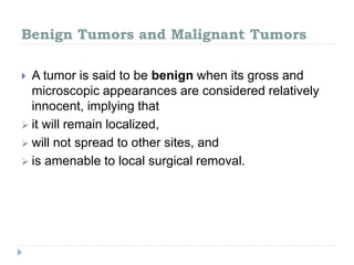 Benign Tumors and Malignant Tumors
 A tumor is said to be benign when its gross and
microscopic appearances are considered relatively
innocent, implying that
 it will remain localized,
 will not spread to other sites, and
 is amenable to local surgical removal.
 