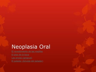 Neoplasia Oral
El revestimiento de las mejillas
El piso de la boca
Las encías (gingival)
El paladar (bóveda del paladar)
 