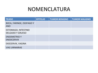 NOMENCLATURA
TEJIDO                     EPITELIO   TUMOR BENIGNO   TUMOR MALIGNO
BOCA, FARINGE, ESOFAGO Y
ANO
ESTOMAGO, INTESTINO
DELGADO Y GRUESO
ENDOMETRIO Y
ENDOCERVIX
EXOCERVIX, VAGINA
VIAS URINARIAS
 