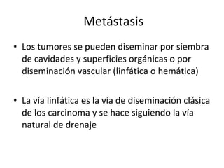 Metástasis
• Los tumores se pueden diseminar por siembra
  de cavidades y superficies orgánicas o por
  diseminación vascular (linfática o hemática)

• La vía linfática es la vía de diseminación clásica
  de los carcinoma y se hace siguiendo la vía
  natural de drenaje
 
