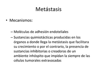 Metástasis
• Mecanismos:

  – Moléculas de adhesión endoteliales
  – Sustancias quimiotácticas producidas en los
    órganos a donde llega la metástasis que facilitara
    su crecimiento o por el contrario, la presencia de
    sustancias inhibitorias o creadoras de un
    ambiente inhóspito que impidan la siempre de las
    células tumorales extravasadas
 