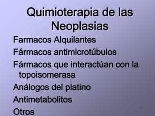 Quimioterapia de las
       Neoplasias
Farmacos Alquilantes
Fármacos antimicrotúbulos
Fármacos que interactúan con la
 topoisomerasa
Análogos del platino
Antimetabolitos
Otros
                                  1
 