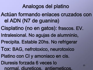 20
Analogos del platino
Actúan formando enlaces cruzados con
el ADN (N7 de guanina)
Cisplatino (no en gatos): frascos. EV.
Intralesional. No agujas de alumninio,
Precipita. Estable 20hs. No refrigerar
Tox: BAG, nefrotoxico, neurotoxico
Platino con Cl y amoniaco en cis.
Diuresis forzada 6 veces lo
normal, diureticos, antiemeticos,
 