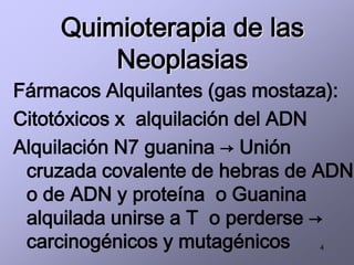 4
Quimioterapia de las
Neoplasias
Fármacos Alquilantes (gas mostaza):
Citotóxicos x alquilación del ADN
Alquilación N7 guanina → Unión
cruzada covalente de hebras de ADN
o de ADN y proteína o Guanina
alquilada unirse a T o perderse →
carcinogénicos y mutagénicos
 