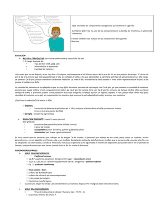 Estos son todos los componentes oncogénicos que contiene el cigarrillo.
Ej. Polonio–210: Este fue uno de los componentes de la bomba de Hiroshima, es altamente
radioactivo.
Formol: también está incluido en los componentes del cigarrillo
Benceno
RADIACIÓN
 RAYOS ULTRAVIOLETAS: carcinoma epidermoide y basocelular de piel.
 El riesgo depende de:
• Tipo de RUV: UVA, UVB, UVC
• Intensidad de la exposición
• Cantidad de melanina
Una mujer que sea de Bogotá y se va tres días a Cartagena y está expuesta al sol 4 horas aprox. No le va a dar Ca por ese poquito de tiempo. El cáncer de
piel le da a la persona que está expuesta todo el día, ej: cortador de caña, a los que pavimentan la carretera, este tipo de personas tienen un alto riesgo
de padecer Ca de piel, porque mantienen recibiendo radiación UV todo el día, recordemos la clase pasada el tema sobre regeneración de la piel, se da
porque el colágeno se daña.
La cantidad de melanina se ve reflejado en que es muy difícil encontrar personas de raza negra con Ca de piel, ya que contiene un cantidad de melanina
excesiva que ayuda a filtrar el sol, comparemos los índices de Ca de piel de nuestra tierra con Ca de piel en personas de Europa nórdica, ellos nos llevan
ventaja de sobra, si queremos acabar con la población de Europa tráiganla a trabajar aquí en un ingenio, rapidito se van, porque ellos tienen muy poca
densidad de melanina en su piel, en comparación con nosotros que tenemos la piel adaptada al medio, tenemos más melanina.
¿Qué hace la radiación? Ella altera el ADN
 EFECTOS:
• Formación de dímeros de pirinidina en el DNA, entonces al transcribirse el ADN ya viene con errores
• Error en la transcripción del DNA
 Ejemplo : xeroderma pigmentoso
 RADIACIÓN IONIZANTE: (rayos X, rayos gamma)
Este produce:
• Leucemias (excepto la leucemia linfoide crónica)
• Cáncer de tiroides
• Susceptibles:Cáncer de mama, pulmón y glándula salival
• Resistentes: piel, hueso y gastrointestinal
Es muy común que las personas que trabajan en Rx tengan Ca de tiroides. El personal que trabaja en esta área, porta como un cuadrito, azulito
generalmente, con un papelito en el fondo, este es un medidor de radiación ionizante, esto funciona a medida que la persona está expuesta a los Rx, eso
va adoptando un color rosado, cuando se llena todo, indica que la persona ya ha aguantado el máximo de exposición que puede tolerar en un periodo de
tiempo, una puede durar para seis meses, cuando esto se da, los envían a descansar.
CARCINOGENOS VIRALES
 VIRUS DNA ONCOGÉNICOS:
 Papiloma humano:
 1,2,4,7: papilomas escamosos benignos (Verruga) – no producen cáncer
 16,18 y 31,33,35,51: carcinoma epidermoide cérvix y anogenital – producen cáncer
 6 y 11: producen condilomas
 Virus Epstein – Barr:
 Linfoma de Burkitt africano
 Linfoma de células B en inmunodeprimidos
 Enfermedad de Hodgkin
 Carcinomas nasofaríngeos
 Cuando una Mujer Ha tenido Cólico Endometrial con cambios Atípicos Pre- malignos debe retirarse el Útero.
 VIRUS RNA ONCOGÉNICOS
 Virus de la leucemia de células T humano tipo I (VLTH – 1).
 Leucemia / linfoma de células T
 