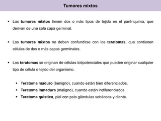 Tumores mixtos
 Los tumores mixtos tienen dos o más tipos de tejido en el parénquima, que
derivan de una sola capa germinal.
 Los tumores mixtos no deben confundirse con los teratomas, que contienen
células de dos o más capas germinales.
 Los teratomas se originan de células totipotenciales que pueden originar cualquier
tipo de célula o tejido del organismo.
 Teratoma maduro (benigno), cuando están bien diferenciados.
 Teratoma inmadura (maligno), cuando están indiferenciados.
 Teratoma quístico, piel con pelo glándulas sebáceas y diente.
 