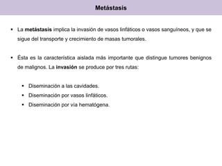 Metástasis
 La metástasis implica la invasión de vasos linfáticos o vasos sanguíneos, y que se
sigue del transporte y crecimiento de masas tumorales.
 Ésta es la característica aislada más importante que distingue tumores benignos
de malignos. La invasión se produce por tres rutas:
 Diseminación a las cavidades.
 Diseminación por vasos linfáticos.
 Diseminación por vía hematógena.
 