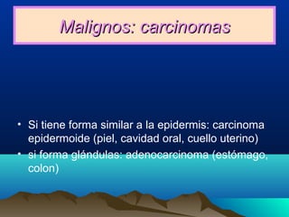 Malignos: carcinomasMalignos: carcinomas
• Si tiene forma similar a la epidermis: carcinoma
epidermoide (piel, cavidad oral, cuello uterino)
• si forma glándulas: adenocarcinoma (estómago,
colon)
 