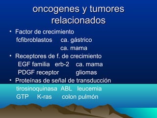 oncogenes y tumoresoncogenes y tumores
relacionadosrelacionados
• Factor de crecimiento
fcfibroblastos ca. gástrico
ca. mama
• Receptores de f. de crecimiento
EGF familia erb-2 ca. mama
PDGF receptor gliomas
• Proteínas de señal de transducción
tirosinoquinasa ABL leucemia
GTP K-ras colon pulmón
 