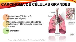 CARCINOMA DE CÉLULAS GRANDES
Representa un 5% de los TU
pulmonares malignos
TU de células grandes con abundante
citoplasma sin diferenciación escamosa
o alveolar
Mal pronostico
Farreras & Rozman Medicina Interna 17 edicion, capitulo 81, Pag 723.
 