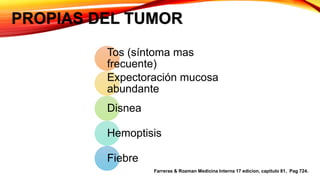 PROPIAS DEL TUMOR
Tos (síntoma mas
frecuente)
Expectoración mucosa
abundante
Disnea
Hemoptisis
Fiebre
Farreras & Rozman Medicina Interna 17 edicion, capitulo 81, Pag 724.
 