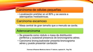 Carcinoma de células pequeñas
• Localización prehiliar en el 80% y se asocia a
adenopatías mediastinicas.
Carcinoma escamoso
• Masa central de gran tamaño que a menudo se cavita.
Adenocarcinoma
• Se presenta como nódulo o masa de distribución
periférica y ocasional presencia de broncrograma aéreo.
• Carcinoma bronquioalveolar presenta broncograma
aéreo y puede presentar cavitación
Farreras & Rozman Medicina Interna 17 edicion, capitulo 81, Pag 726.
 