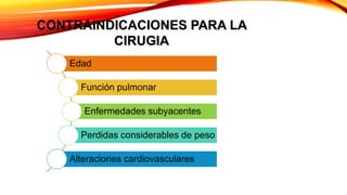 CONTRAINDICACIONES PARA LA
CIRUGIA
Edad
Función pulmonar
Enfermedades subyacentes
Perdidas considerables de peso
Alteraciones cardiovasculares
 