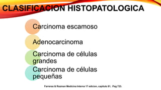 CLASIFICACION HISTOPATOLOGICA
Carcinoma escamoso
Adenocarcinoma
Carcinoma de células
grandes
Carcinoma de células
pequeñas
Farreras & Rozman Medicina Interna 17 edicion, capitulo 81, Pag 723.
 