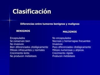 Clasificación
Diferencias entre tumores benignos y malignos
BENIGNOS MALIGNOS
Encapsulados No encapsulados
Se conservan bien Necrosis y hemorragias frecuentes
No invasivos Invasivos
Bien diferenciados citológicamente Poco diferenciados citológicamente
Mitosis infrecuentes y normales Mitosis numerosas y atípicas
Crecimiento lento Crecimiento rápido
No producen metástasis Producen metástasis
 