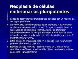 Neoplasia de células
embrionarias pluripotentes
 Capaz de desarrollarse a múltiples tipo celulares con un máximo de
dos capas germinales.
 Las neoplasias correspondientes tienen el potencial de formación
de diversos elementos estructurales. Por ejem. Las neoplasias de
las células del anclaje renal (nefroblastoma) se diferencian
comúnmente en estructuras que asemejan túbulos renales y con
menos frecuencia en rudimentos de músculo, cartílago y hueso. Se
denominan BLASTOMAS.
 Estas células se encuentran sólo en el periodo fetal y durante los
primeros años de vida posnatal.
 Ejemplo: anclaje retiniano - retinoblastoma (M), anclaje renal –
nefroblastoma (Tumor de Wilms) (M), células nerviosas primitivas
periféricas – Neuroblastoma
 