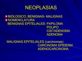 NEOPLASIAS BIOLOGICO: BENIGNAS- MALIGNAS NOMENCLATURA BENIGNAS EPITELIALES: PAPILOMA POLIPO CISTADENOMA ADENOMA MALIGNAS EPITELIALES (carcinomas) CARCINOMA EPIDERM. ADENOCARCINOMA 