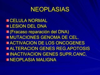 NEOPLASIAS CELULA NORMAL LESION DEL DNA (Fracaso reparación del DNA)  MUTACIONES GENOMA DE CEL. ACTIVACION DE LOS ONCOGENES ALTERACION GENES REG.APOTOSIS INACTIVACION GENES SUPR.CANC. NEOPLASIA MALIGNA 