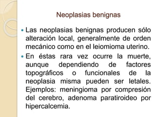 Neoplasias benignas
 Las neoplasias benignas producen sólo
alteración local, generalmente de orden
mecánico como en el leiomioma uterino.
 En éstas rara vez ocurre la muerte,
aunque dependiendo de factores
topográficos o funcionales de la
neoplasia misma pueden ser letales.
Ejemplos: meningioma por compresión
del cerebro, adenoma paratiroideo por
hipercalcemia.
 