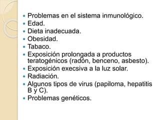  Problemas en el sistema inmunológico.
 Edad.
 Dieta inadecuada.
 Obesidad.
 Tabaco.
 Exposición prolongada a productos
teratogénicos (radón, benceno, asbesto).
 Exposición execsiva a la luz solar.
 Radiación.
 Algunos tipos de virus (papiloma, hepatitis
B y C).
 Problemas genéticos.
 