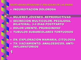 NEOPLASIAS BENIGNAS Y MALIGNAS DE LA MAMA INGURGITACIÓN DOLOROSA MUJERES JÓVENES, REPRODUCTIVAS SECRECIÓN MULTICOLOR, PEGAJOSA, BILATERAL, 3-4 DÍAS POSTPARTO DOLOR URENTE, PRURIGINOSO TUBULOS SUBAREOLARES TORTUOSOS DX: EXPLORACIÓN MAMARIA, CITOLOGÍA TX: VACIAMIENTO, ANALGÉSICOS, ANTI-INFLAMATORIOS 1 