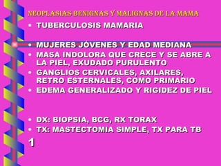 NEOPLASIAS BENIGNAS Y MALIGNAS DE LA MAMA TUBERCULOSIS MAMARIA MUJERES JÓVENES Y EDAD MEDIANA MASA INDOLORA QUE CRECE Y SE ABRE A LA PIEL, EXUDADO PURULENTO GANGLIOS CERVICALES, AXILARES, RETRO ESTERNALES, COMO PRIMARIO EDEMA GENERALIZADO Y RIGIDEZ DE PIEL DX: BIOPSIA, BCG, RX TORAX TX: MASTECTOMIA SIMPLE, TX PARA TB 1 