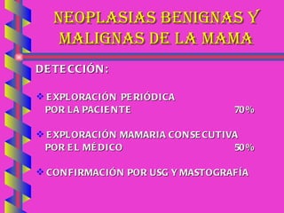 NEOPLASIAS BENIGNAS Y MALIGNAS DE LA MAMA DETECCIÓN: EXPLORACIÓN PERIÓDICA  POR LA PACIENTE 70 % EXPLORACIÓN MAMARIA CONSECUTIVA  POR EL MÉDICO 50 % CONFIRMACIÓN POR USG Y MASTOGRAFÍA   