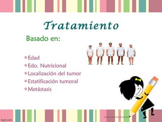 Tratamiento
Basado en:

Edad
Edo. Nutricional
Localización del tumor
Estatificación tumoral
Metástasis
 