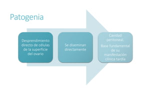 Patogenia
Desprendimiento
directo de células
de la superficie
del ovario
Se diseminan
directamente
Cavidad
peritoneal.
Base fundamental
de su
manifestación
clínica tardía
 