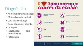 Diagnóstico
• Aumento de tamaño abdominal
• Meteorismo abdominal
• Cansancio o letargo
• Dolor abdominal o lumbar
• dispepsia
• Incapacidad para comer
normalmente
• Polaquiuria
• Estreñimiento
• Incontinencia urinaria de reciente
aparición
• Perdida de peso sin causa aparente
• Saciedad temprana
 